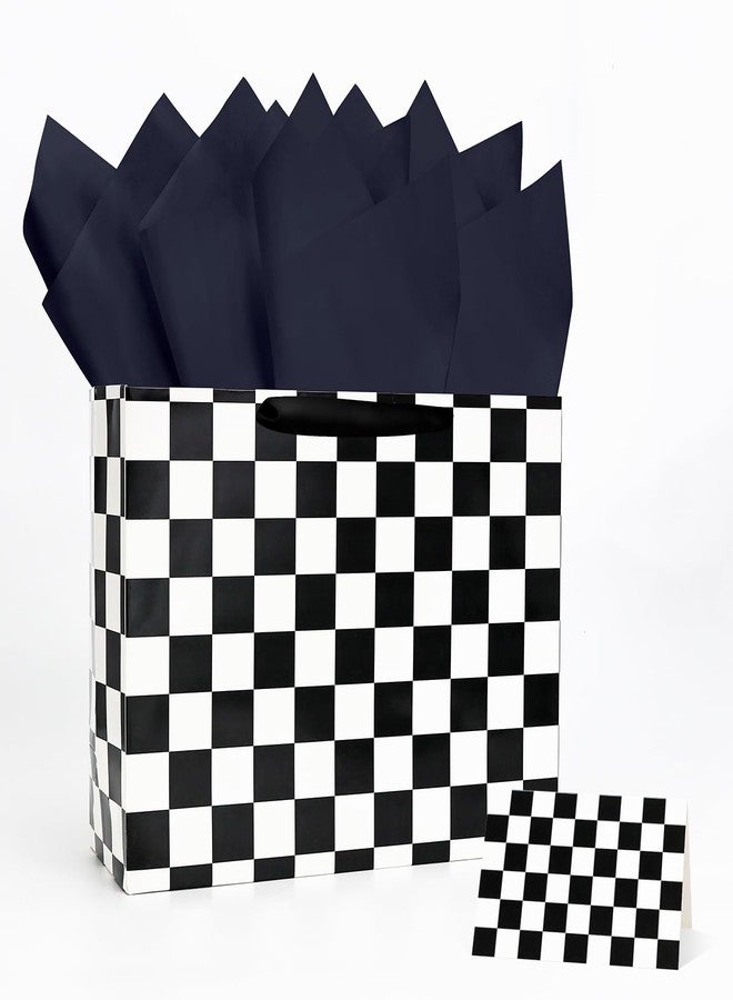 MUNILAIL 13 Inches Race Car Gift Bag Black and White Checkered Gift Bag with Handle Tissue Paper and Greeting Card for Boys Girls Birthday Racing Car Themed Party Large Paper Gift Bag - Image 1